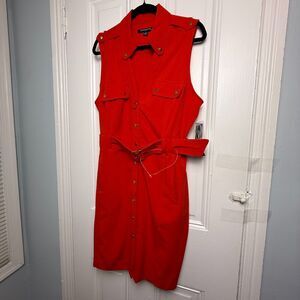 Sharagano Mini Dress Womens 14 Red Belted Button Front Sleeveless Collared NWT